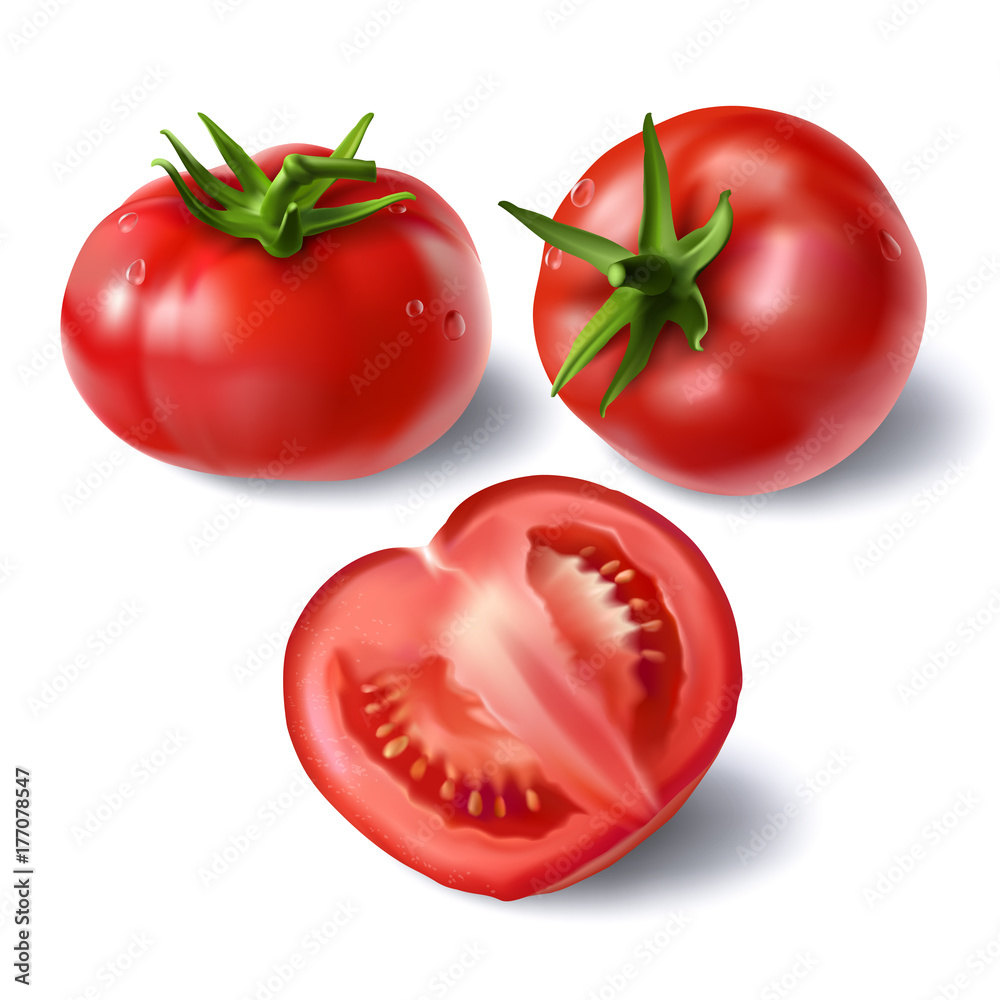 Full and sliced on half red tomatoes with stem rootlet and water droplets realistic vector illustration set isolated on white background. Ripe, raw juicy vegetable, healthy eating and vegetarian food Full and sliced on half red tomatoes with stem rootlet and water droplets realistic vector illustration set isolated on white background. Ripe, raw juicy vegetable, healthy eating and vegetarian food