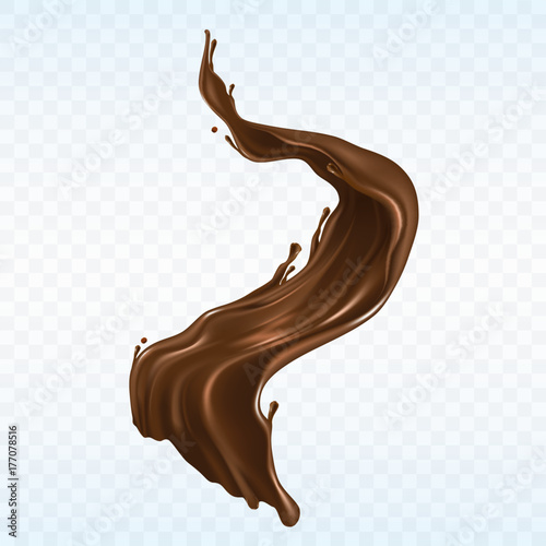 Hot chocolate, cacao or coffee splash realistic vector illustration isolated on white background. Appetizing liquid dessert product splashing design element for sweet beverage or drink ad