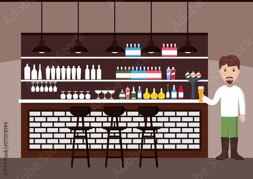 Bar interior with counter. Man standing at the bar counter .Vector illustration.