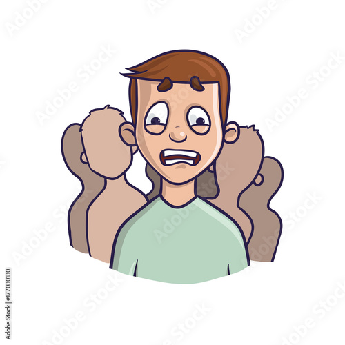 Social anxiety disorder, social phobia concept. Depressed young man in the crowd of silhouettes. Vector illustration, isolated on white background.