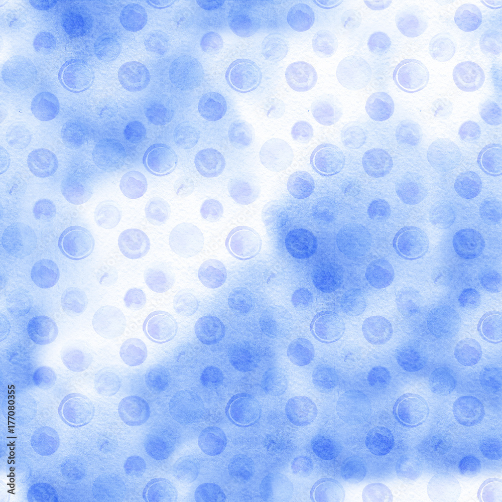 Seamless hand drawn watercolor pattern made of round blue dots, isolated over white.