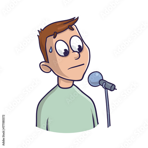 Fear of public speaking, glossophobia. Excitement and loss of voice. Young man with microphone. Vector illustration, isolated on white background.