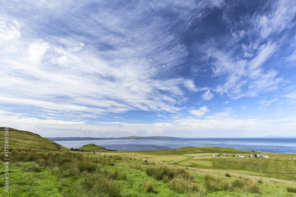 Pastoral rural landscape near Linicro on Isle of Skye in Scotland.