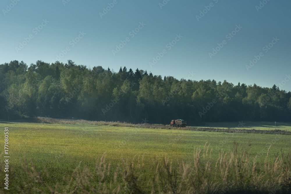 Rural landscape with asphalt road and red truck. Green fields and forest on the background. Sunny spring day with blue sky.