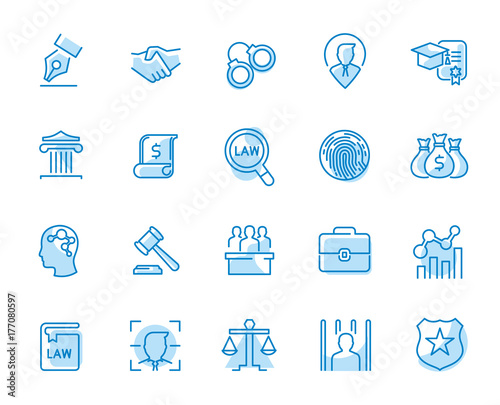 Line icons of law and lawyer services , Justice ,Business and people icon identity. Design for website mobile application infographic . Thin line icon vector set