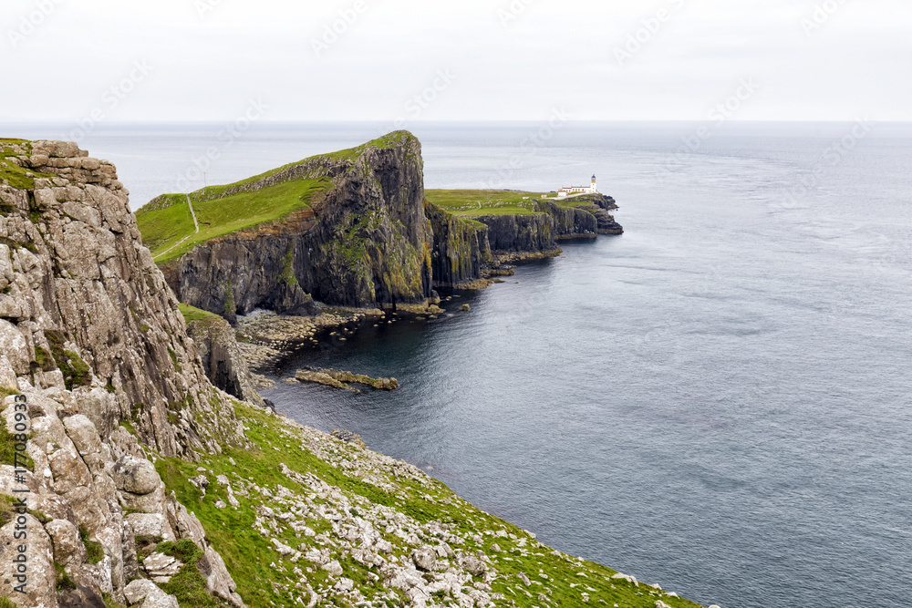 Cliffs leading up to the Neist Point lighthouse on the Isle of Skye in Scotland.