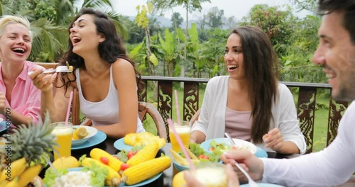 People Group Talk Eating Healthy Vegetarian Food, Friends Communication Sitting At Table On Tropical Terrace Slow Motion 60