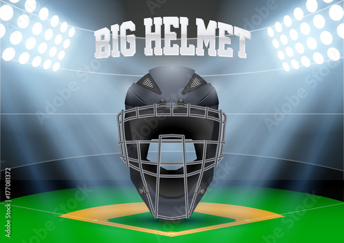 Poster Template of Baseball with Catcher Helmet. Cup and Tournament Advertising. Softball Sport Event Announcement. Vector Illustration.