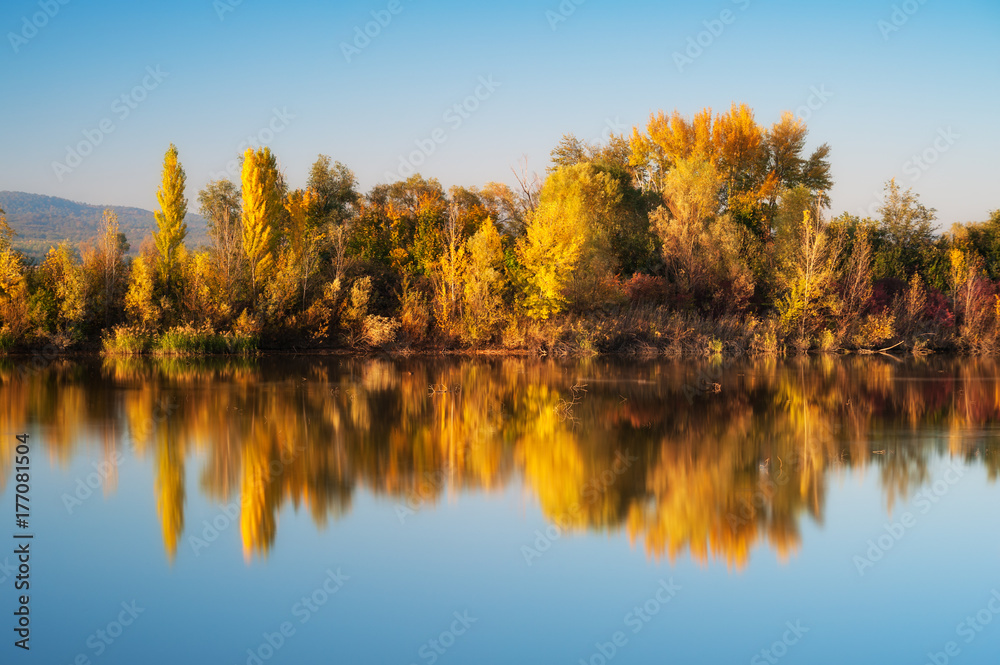 Bunte Bäume im Herbst spiegeln sich im See