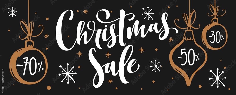 Christmas sale. Vector banner with hand lettering text and decorative elements.