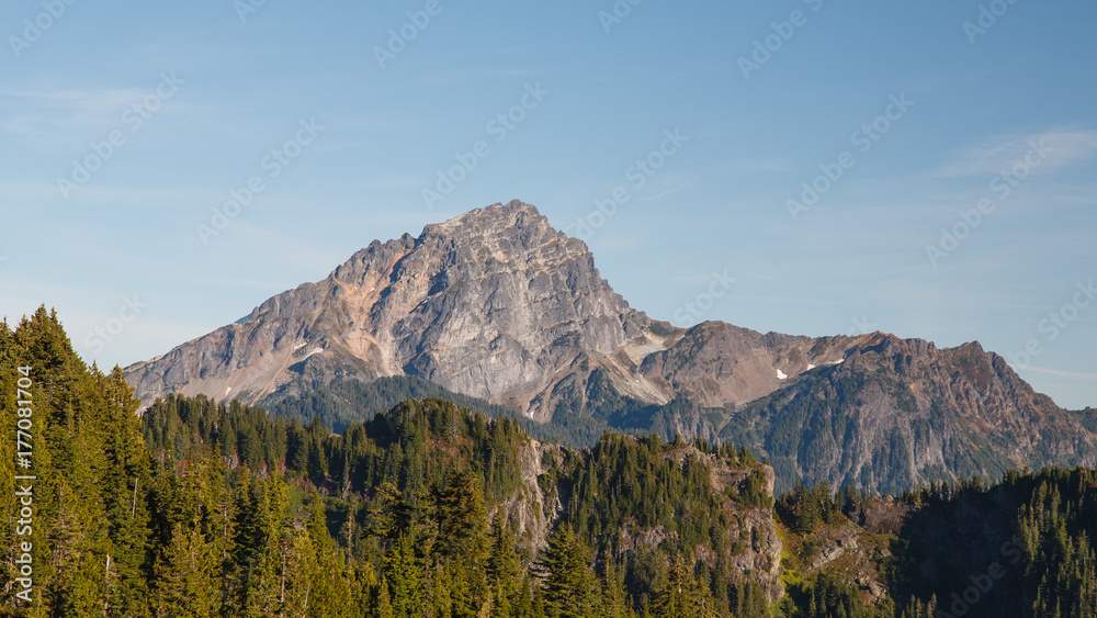 View of Sloan Peak from Mount Dickerman hiking trail in the Autumn season.