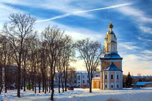 Russian Orthodox Church on the background of a cold winter sunny blue sky. City center Uglich, Russia. photo