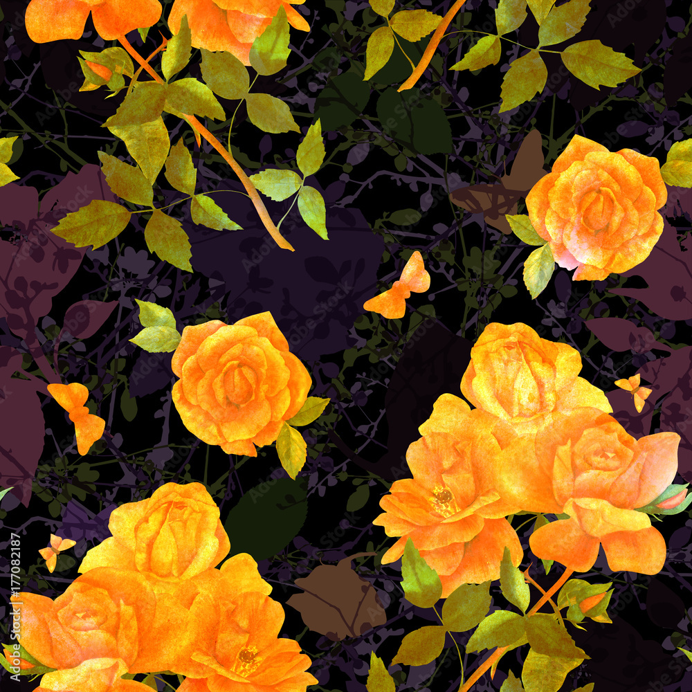 Seamless golden and black pattern with watercolor roses