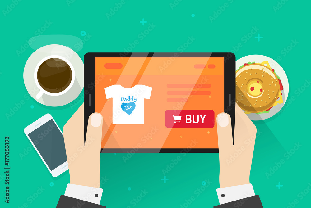 Online shopping vector illustration, flat cartoon person buying something  on internet shop, idea of ecommerce store on tablet screen, customer  purchasing on e-commerce web page while breakfast Stock Vector | Adobe Stock