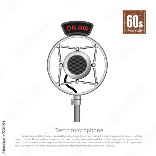 Retro microphone in realistic style on white background. Old musical studio  equipment. Technologies of 60s. Vintage object. Vector illustration