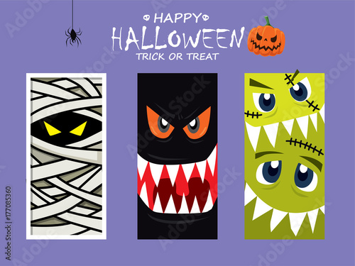 Vintage Halloween poster design with vector monster, vampire, mummy character. 
