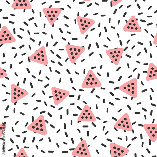 Abstract trendy seamless pattern. Memphis. Geometric elements drawn by hand. Black, pink, white colour.