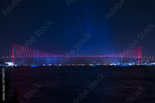 Fireworks over Istanbul Bosphorus during Turkish Republic Day celebrations. 15th July Martyrs Bridge  15 Temmuz Sehitler Koprusu . Istanbul  Turkey..