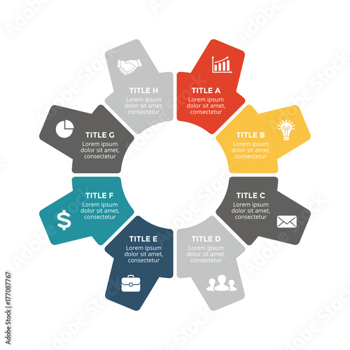 Vector circle arrows gear infographic, cycle diagram, graph, presentation chart. Business settings concept with 8 options, parts, steps, processes.