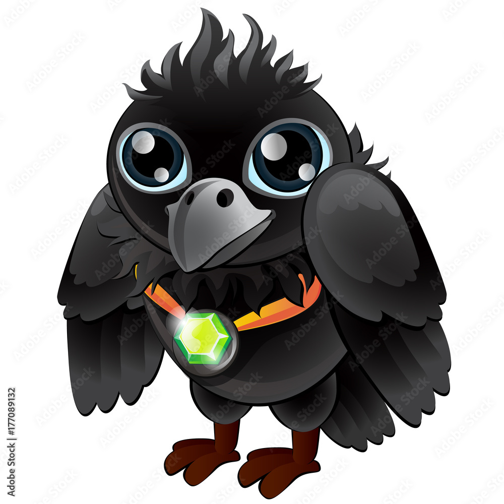 Black Raven with green emerald pendant. Cartoon bird character for animation,  childrens illustrations, book and other design needs. Vector isolated on  white background Stock Vector | Adobe Stock