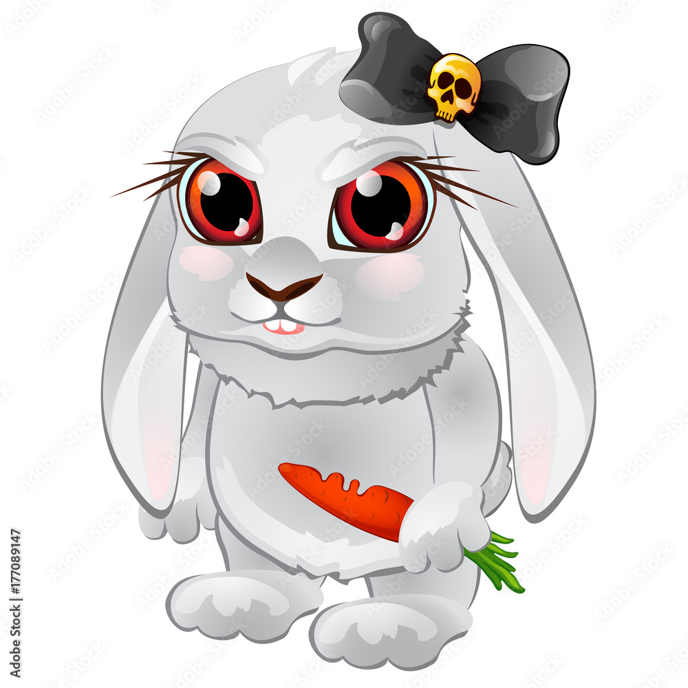 White bunny with red eyes, bitten carrots, and black bow with skull