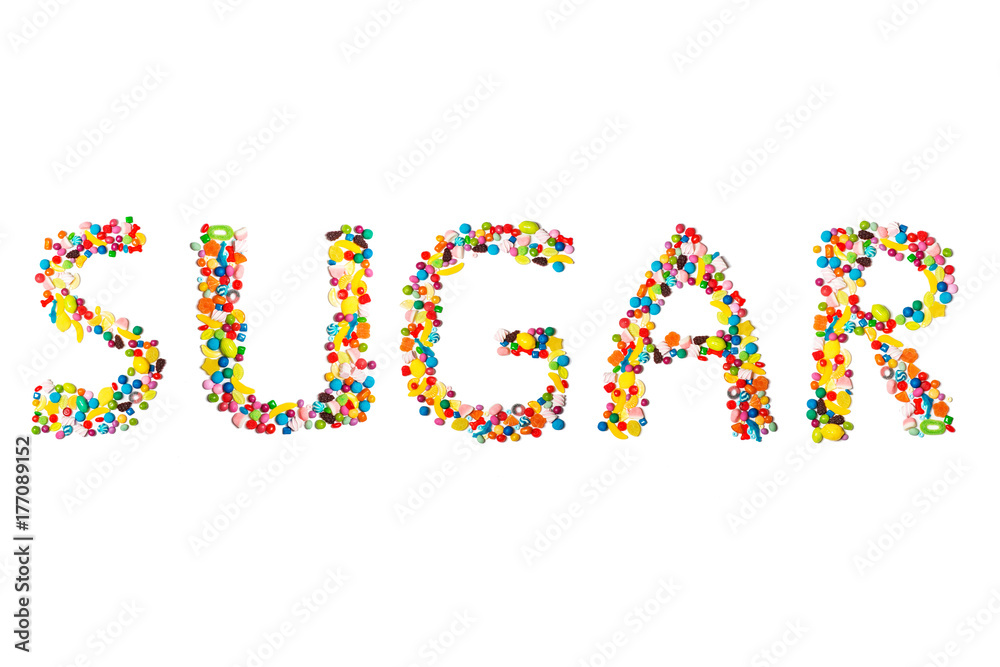 Word sugar written with candies
