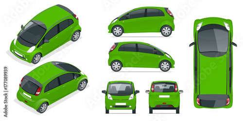 Small Compact Electric vehicle or hybrid car. Eco-friendly hi-tech auto. Easy color change. Template vector isolated on white View front, rear, side, top and isometric