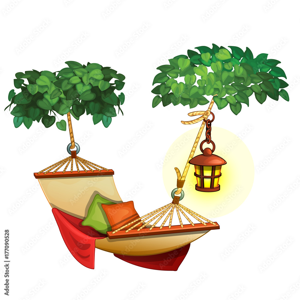 Hammock stretched between trees and lantern. Cozy resting scene ...