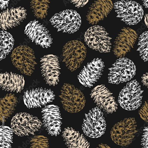 Pine cone seamless pattern. Hand drawn vector illustration. Engraved coniferous winter cones. Christmas, Xmas, New Year. Flyer, banner, gift wrapping, textile, holiday festive decor, greeting card photo