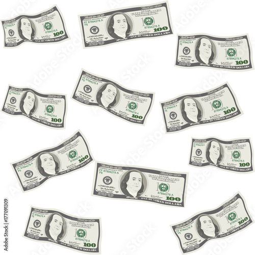 100 Dollar Banknotes. Seamless money pattern of one hundred dollar bills. Isolated on white. Concept of prosperity, success, growth in business. Flying, falling currency of US. Vector, flat style.