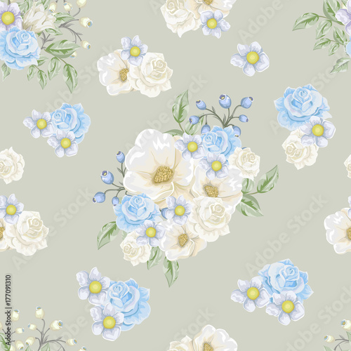 Floral seamless pattern with   bouquets of flowers.  Vector hand drawn background for textile, print, wallpapers, wrapping.