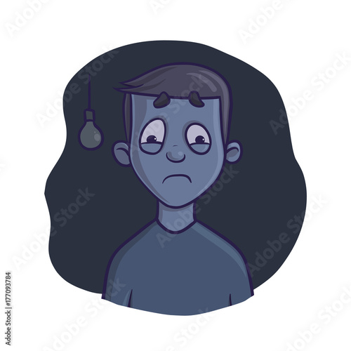 Young Frightened Boy in dark room. Fear of the dark, nightmare, insomnia. Vector illustration, isolated on white background.