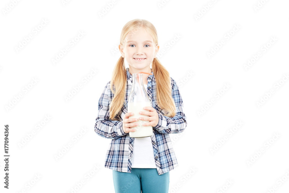 Portrait of beautiful little girl in checked shirt against white background