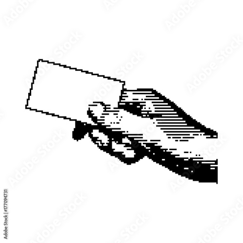 black 8-bit right hand holding blank card vector illustration  isolated on white background