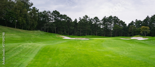 Golf Course where the turf is beautiful and green in Hokkaido, Japan. Golf is a sport to play on the turf 