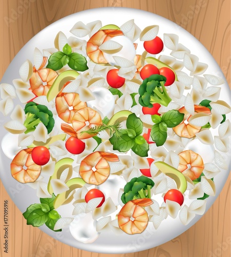 Italian seafood pasta plate Realistic vector illustration for menu, print, la...
