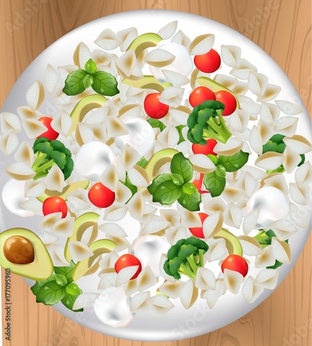 Italian veggie pasta plate Realistic vector illustration for menu, print, lab...