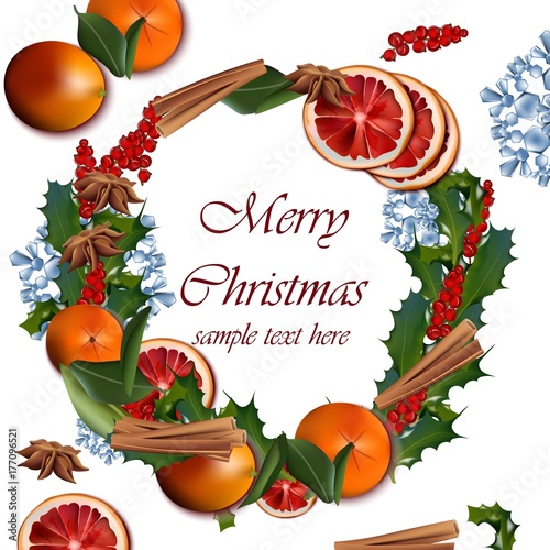 Merry Christmas wreath with red orange slices. Vector realistic cards