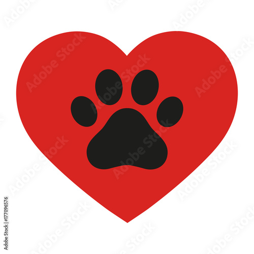 Pet paw love logo. Animal footprint with heart silhouette around.