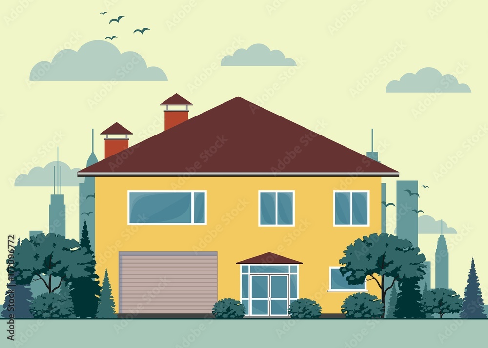 private house with garage . Stock flat vector illustration.