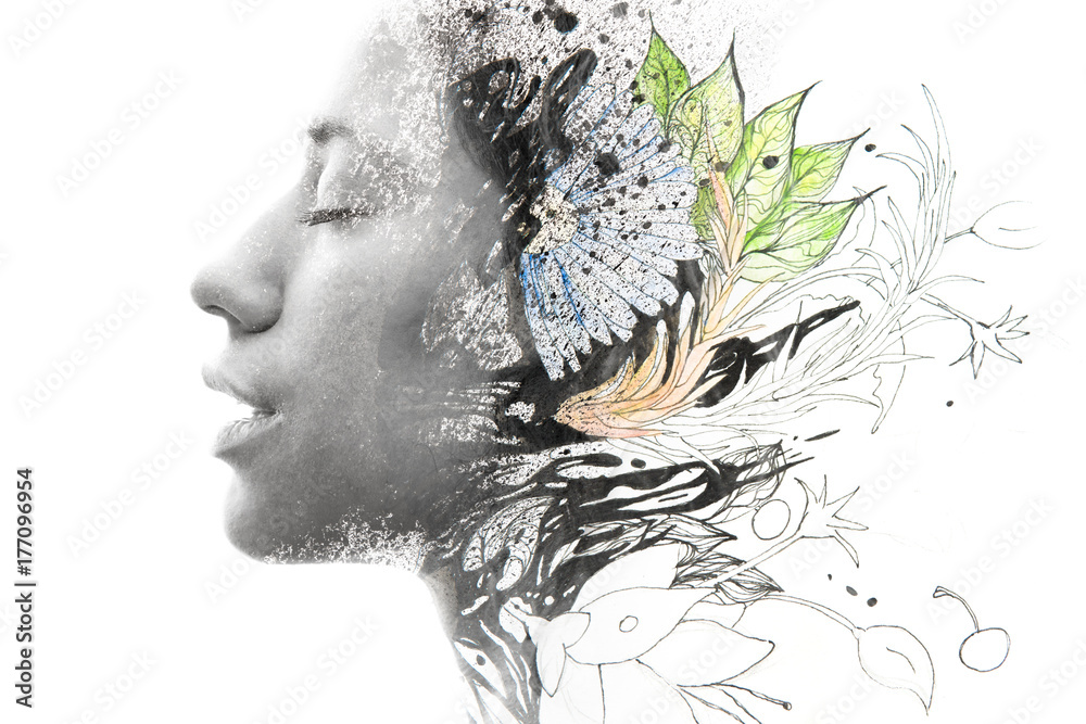 Fototapeta premium Paintography. Close up of an attractive peaceful model combined with hand drawn ink and watercolour paintings with floral motifs