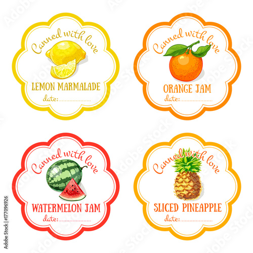 Labels with hand drawn fruits set of vector. Lemon, orange, watermelon, pineapple.