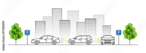 Car parking sensor vector illustration. Autonomous car technology with sensors line art concept. Smart parking assist system graphic design. Intelligent sensors scan free space.