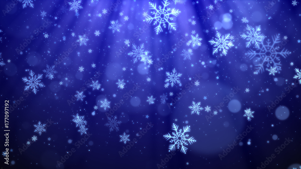 Christmas background (blue theme) with snowflakes, shiny lights and particles bokeh in stylish and elegant theme. Christmas background (blue theme) with snowflakes, shiny lights and particles bokeh in stylish and elegant theme.