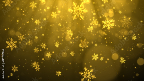 Christmas background (gold theme) with snowflakes, shiny lights and particles bokeh in stylish and elegant theme.