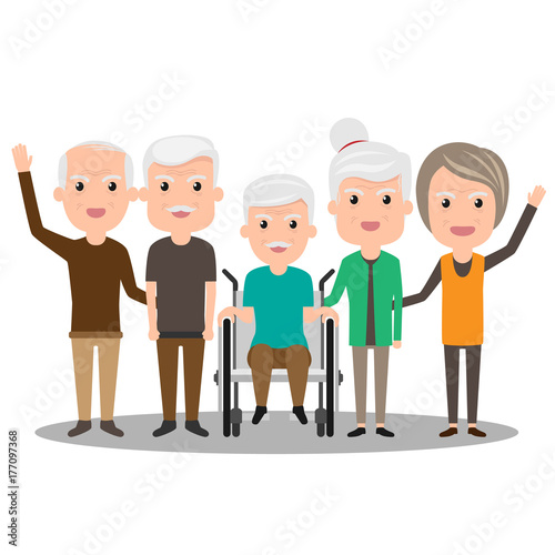 Group of elderly people stand together. Health Cartoon Vector illustration. Old Senior people concept. grandfather and grandmother.