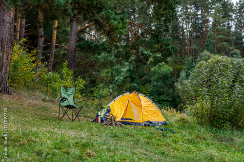 camping with tent in forest