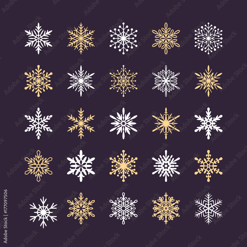 Cute snowflakes collection isolated on dark background. Flat snow icons, snow flakes silhouette. Nice element for christmas banner, cards. New year ornament. Organic and geometric snowflake set. Cute snowflakes collection isolated on dark background. Flat snow icons, snow flakes silhouette. Nice element for christmas banner, cards. New year ornament. Organic and geometric snowflake set.