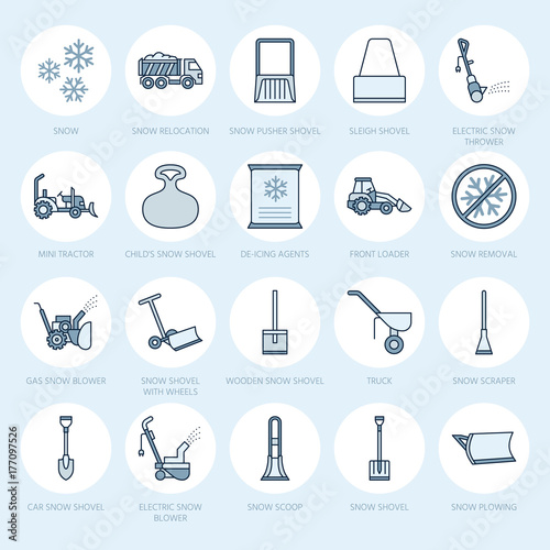 Snow removal flat line icons. Ice relocation service signs. Cold weather equipment - snow thrower, blower, truck, front loader, snow shovel. Vector illustration, industrial cleaning symbols.