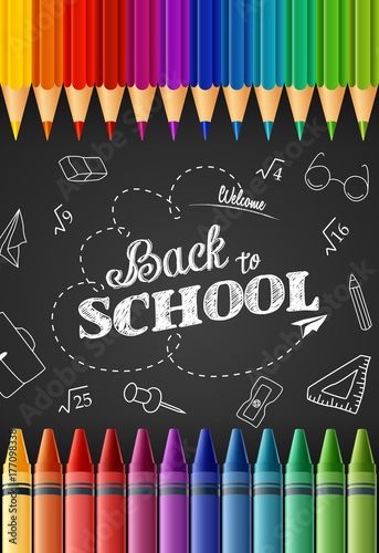 Welcome back to school with colored pencils and crayons